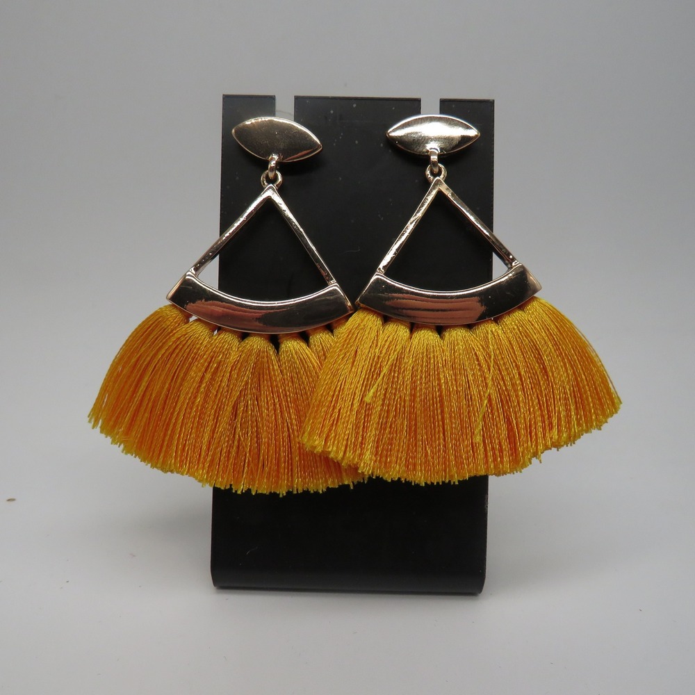 Yellow Tassel Fan Earrings Gold Tone Geometric Triangle Drop Boho Statement